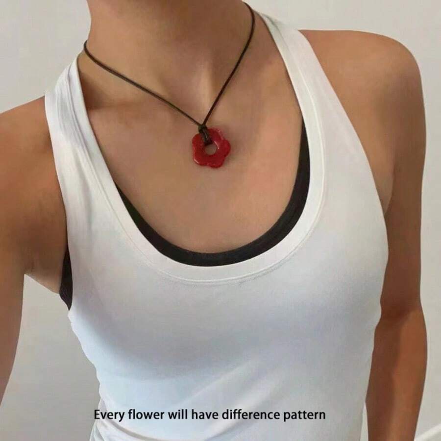 1pc Minimalist Wax Cord Floral Hollow Pendant Necklace, Elegant Versatile Accessory For Vacation & Daily Wear - Flower - View 1