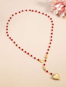 1件时尚优雅的红色串珠项链，配有浪漫流苏和心形吊坠，专为女性设计。 - 多色8 - 查看 4