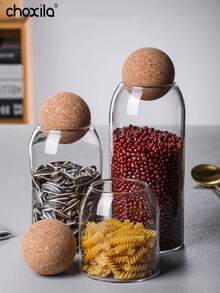 1 pièce Bocal en verre pour le stockage du café, bocal à thé, bocal en verre avec bouchon en liège hermétique pour le stockage des grains de café et des fruits secs - Boîte de haricots farcie boule en bois - Voir 5