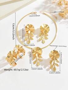 1 Set de 5 piezas Conjunto de joyería de metal con estampado floral bohemio de moda, adecuado para uso diario, playa, fiesta, banquete y festivales de música de mujeres - Dorado - Ver 5