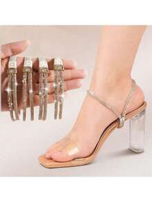 QKC 1pair Rhinestone High Heels Shoes Band Anti-Loose For Women Shoelaces Invisible Anti-Drop Heel Straps Belt Drill Elastic Fixed Belts - Silver Diamond On White Background - View 10