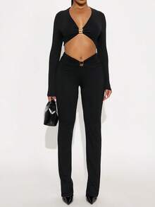 Party Ready 女士黑色长袖露脐上衣和裤子套装 - 黑色 - 查看 2