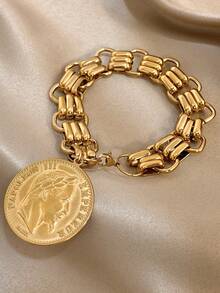1件18K镀金不锈钢奢华复古拿破仑硬币粗链手链，女士适用，妈妈礼物，圣诞节嘉年华冬季珠宝，婚礼狂欢/舞会/派对/日常配饰，周年纪念日情人节波西米亚风珠宝生日伴娘礼物 - 彩色 - 查看 3