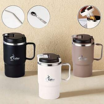 304 Stainless Steel Insulated Coffee Cup With Tea Infuser, Folding Spoon, Straw And Leak-Proof Lid, Coffee Mug [Black] [Beige] [Coffee]