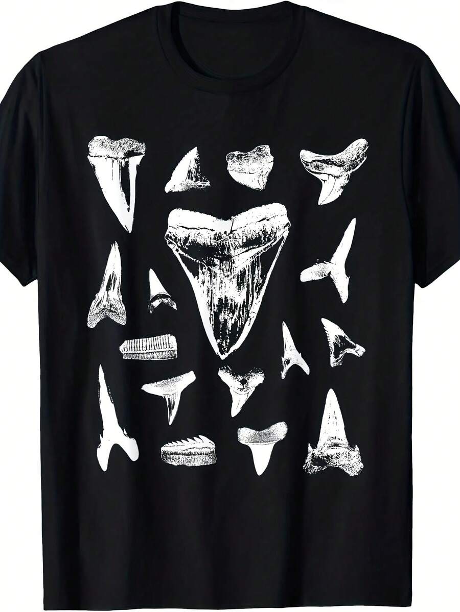 Camiseta de fósiles de dientes de tiburón, cazador de dientes, geología y fósiles 1 pieza Camiseta con estampado de letras de dibujos animados, 220g de algodón puro pesado 100% Camiseta gráfica unisex - Camiseta de algodón suave para uso diario con diseño de impresión genial para hombres y mujeres. - Negro 31 - Ver 1