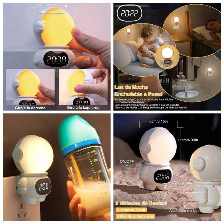 Lmpara Noche y Reloj, Luz Nocturna para Despertar con Control Remoto para Dormitorios de Nios, Temporizador, Brillo Ajustable, 3 Colors, 350 Rotacin, Sensor Corporal, Regalo para Nios Astronautas - Astronautas - Ver 1