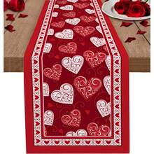 1pc Valentine's Day Red & White Plaid Table Runner, Linen Material With Red Heart Pattern, Suitable For Anniversary, Home Kitchen, Dining Room And Holiday Table Decor - Red - View 1