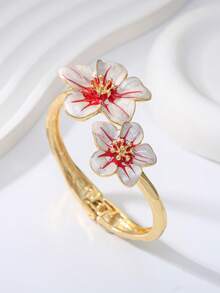 Vintage Chic Alloy Metal Gold Floral Bracelet, Colorful Enamel Flower Bangle, Fashionable Long-Lasting Thick Bracelet, Multicolor Enamel Dopamine Inspired Floral Open Cuff Bracelet, Suitable For Women's Daily Wear, Holidays, Beach, Parties - Flowers - View 8