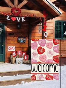 1 pieza Bandera de bienvenida rosa para el Día de San Valentín, de 12*18 pulgadas con diseño de corazón de color caramelo, de material de lino de doble cara, durable, resistente al agua y lavable, adecuada para el Día de San Valentín, aniversarios, decoración rústica para exteriores, decoración del Día de San Valentín, fiesta del Día de San Valentín, regalo del Día de San Valentín, fiestas, bodas y otras decoraciones festivas (asta de bandera no incluida) - Multicolor - Ver 3