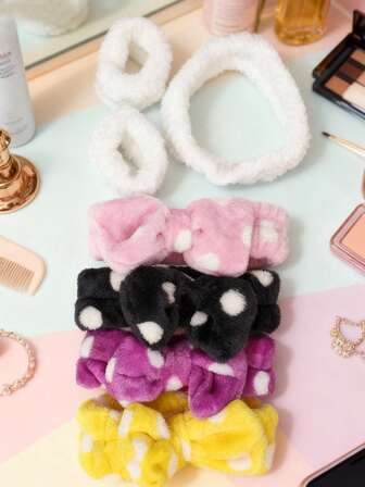 7件套紫色、黄色、黑色、粉色、波点洗脸发带，白色发带套装，可爱清新日式发带，大蝴蝶结洗脸化妆发带，包头毛巾面膜发带，适合秋冬季女士洗脸敷面膜专用发带