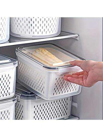 3-i-1-set av plastförvaringsbehållare för mat med silkorg och lock - läckagesäker, kylskåpsvänlig, återanvändbar multifunktionell förvaringslåda för kök, frukt- och grönsakslåda, kylskåpsorganisatör
