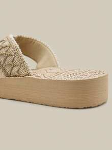 女士拖鞋，时尚拼接抽绳人字拖，四季皆宜的沙滩凉鞋 - 米色 - 查看 4