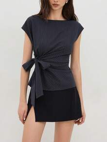 女士条纹系带宽松船领上衣（夏季款） - 藍色 - 查看 2