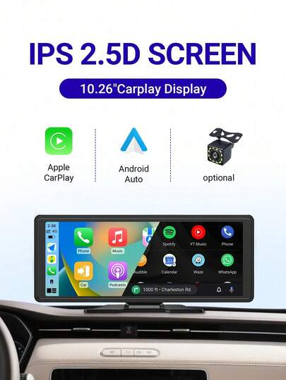 XUDA 新款10.26英寸IPS显示屏便携式车载媒体播放器，支持无线CarPlay和Android Auto，2.5D弧面屏，适用于所有车型