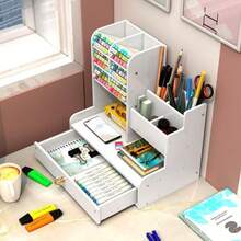 1pc Large Capacity White Desktop Bookshelf, Slanted Pen Holder, Multi-Function Pen Cup, Minimalist Drawer-Style Office Stationery Storage Box, Desktop Marker Pen Organizer Rack, Back To School Essential - White - View 5