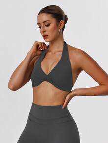 Sodalemon Women's Twist Back Workout Top, V-Neck Padded Solid Color Yoga Casual Sports Bra Spring - Xám - Xem 6