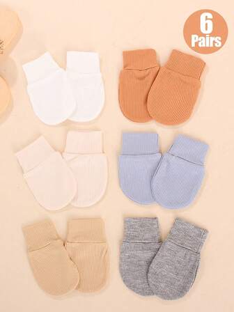 6 זוגות כפפות תינוק נגד שריטות, מתאימות לתינוקות (0-3 חודשים) - כפפות רכות נגד שריטות מסרגות עם שרוולים אלסטיים, צבע אחיד יוניסקס, כל העונה, שימוש יומיומי, הגנה על ידי התינוק