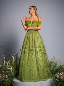 Anpoket,New Arrival,St Patrick Day,Off Shoulder,Heavy Stitching,Pearls Beaded,Romantic Embroidery,Bridesmaid Dress,Gown Dress,Long Dress - Green - View 7