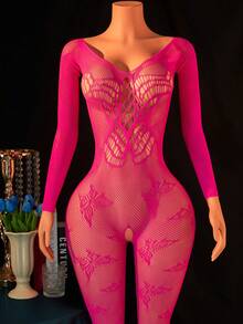 1pc Women Sexy Lingerie Fishnet Bodysuit, Mesh Lace Jacquard Body Stockings, Club Exotic Dancer Outfit - Rose Red - View 1