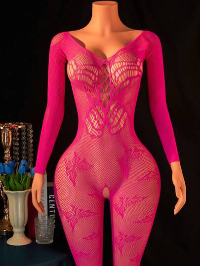 1pc Women Sexy Lingerie Fishnet Bodysuit, Mesh Lace Jacquard Body Stockings, Club Exotic Dancer Outfit