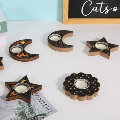 Wooden Candle Holder With Star And Moon Design, Home Decor, Tabletop Candle Holder For Living Room
