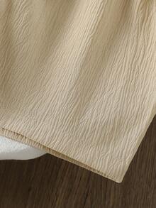 Set de 2 piezas de top de manga corta y shorts de unicolor suave y cómodo con decoración de lazo en tela arrugada para niñas, adecuado para uso al aire libre, primavera/verano - Albaricoque - Ver 9