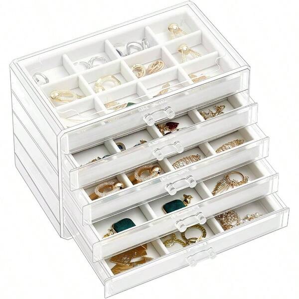 Earring Organizer Jewelry Organizer Box With 5 Drawers, Acrylic Stackable Jewelry Holder Earring Storage Case With Adjustable Velvet Trays Women On Dresser Vanity - Warmwhite, 5 Layers