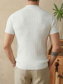 Men's Old Money Style Mock Neck Short Sleeve Cream Ribbed Knit Slim Fit Versatile Daily Wear Knit Top - White - View 3