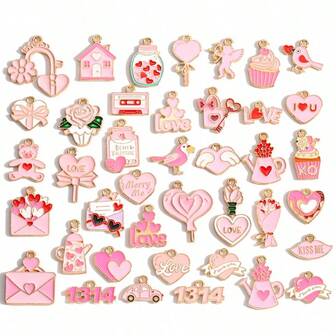 20 pièces/30 pièces/40 pièces/50 pièces/60 pièces Accessoires de bijouterie en alliage de couleurs assorties en forme de goutte d'huile, de cœur et de fleur de rose pour la Saint-Valentin. Convient pour la décoration DIY sur des bracelets, colliers, porte-clés, cadeau pour la Saint-Valentin
