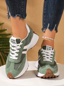 1 đôi giày thể thao nữ thường ngày, giày sneaker đế dày phối vải kiểu retro, giày thể thao năng động mùa xuân/thu mới, giày buộc dây mũi nhọn cổ điển phù hợp cho học sinh, nhân viên văn phòng, đi bộ, chạy bộ và các dịp khác, ngày lễ, họp mặt, kỳ nghỉ. - màu xanh lá - Xem 1