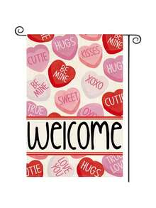 1 pieza Bandera de bienvenida rosa para el Día de San Valentín, de 12*18 pulgadas con diseño de corazón de color caramelo, de material de lino de doble cara, durable, resistente al agua y lavable, adecuada para el Día de San Valentín, aniversarios, decoración rústica para exteriores, decoración del Día de San Valentín, fiesta del Día de San Valentín, regalo del Día de San Valentín, fiestas, bodas y otras decoraciones festivas (asta de bandera no incluida) - Multicolor - Ver 1