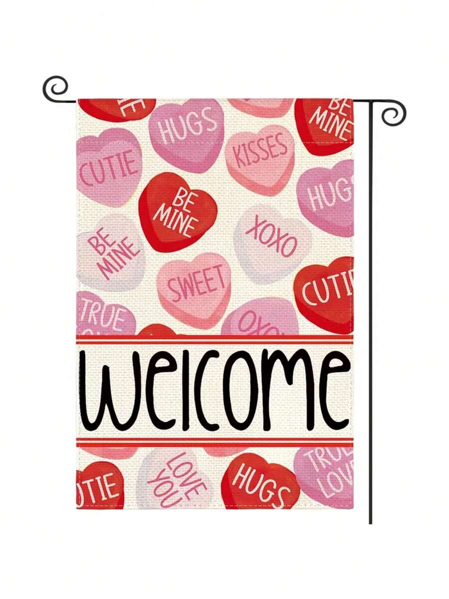 1 pieza Bandera de bienvenida rosa para el Día de San Valentín, de 12*18 pulgadas con diseño de corazón de color caramelo, de material de lino de doble cara, durable, resistente al agua y lavable, adecuada para el Día de San Valentín, aniversarios, decoración rústica para exteriores, decoración del Día de San Valentín, fiesta del Día de San Valentín, regalo del Día de San Valentín, fiestas, bodas y otras decoraciones festivas (asta de bandera no incluida) - Multicolor - Ver 1