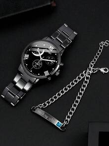2pcs/Set Fashionable Business Gentleman Round Black Steel Band Quartz Watch, Paired With Rhinestone Bracelet Combination Gift Set, Suitable For Holidays, Parties, Business And Daily Wear - Black - View 2