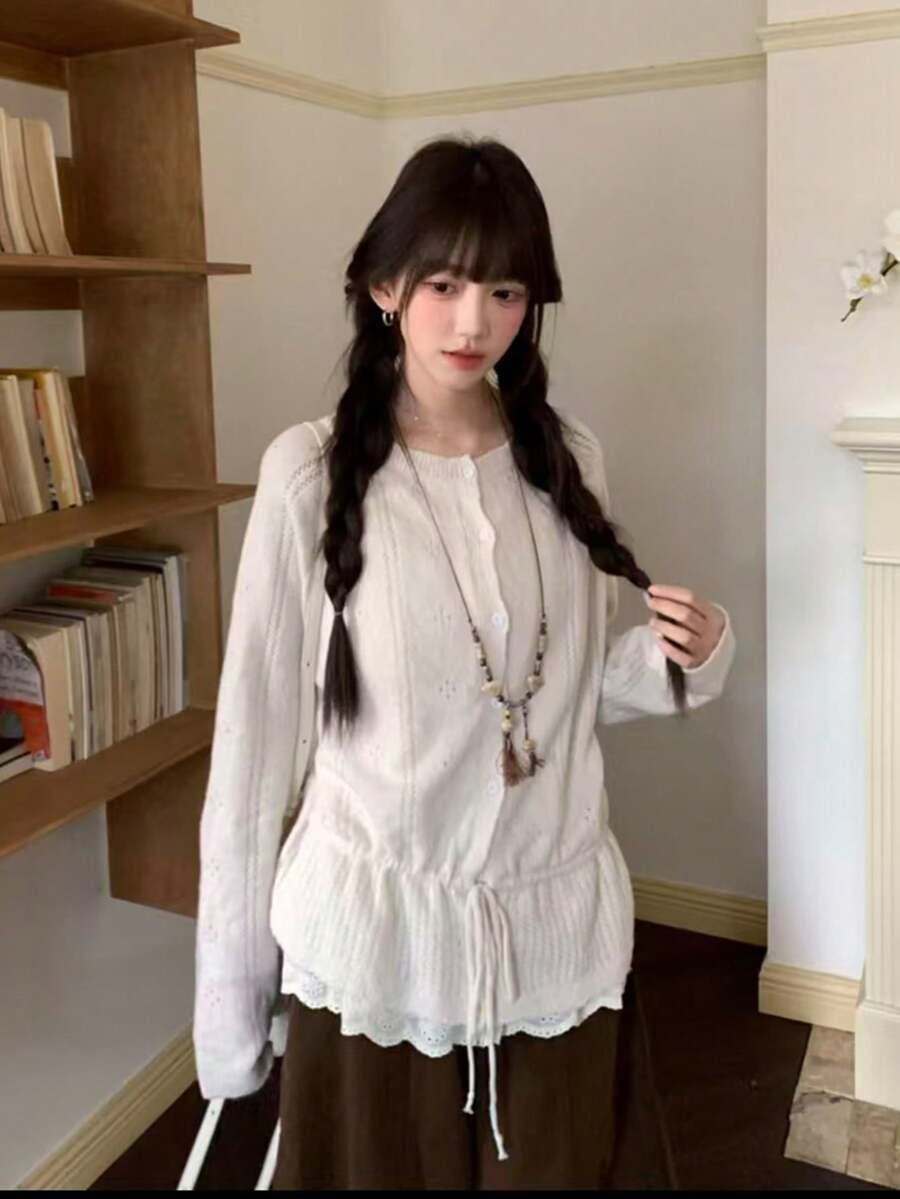 精致小众钩针镂空上衣，韩式抽绳设计长袖毛衣，女款白色 - 白色 - 查看 1