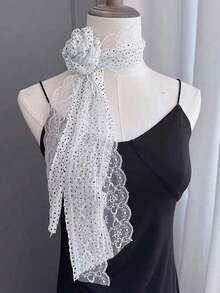 1pc White Polka Dot Lace Long Tie Neck Jewelry Summer With Thin Narrow Hairband Vintage Lace Lace Polka Dot Long Silk Scarf Women Spring Summer Fashionable Tie Decorative Neck Neck Scarf Fluttering Tape For Dress - 白色 - 查看 4