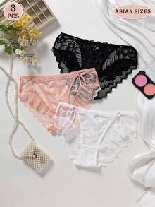 3pcs Lace Trim Hollow Sexy Panties For Women, Romantic Intimate Apparel - Multicolor - View 1