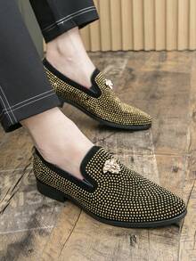 2025 New Loafer For Men Full Diamond Studs, Light Luxury Slip-On Metal Logo, Black Fashionable Banquet Business Casual Leather Shoes - 金色 - 查看 5
