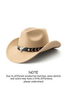 1顶男士涤纶西部牛仔帽，复古风格，男女皆宜，饰有公牛图案，适合休闲穿着、西部牛仔派对、酒吧等场合。