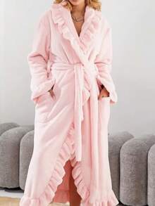 Women's Extra Long Ruffled Bathrobe - Ultra Soft Coral Fleece Luxury Bathrobe, Quick Dry Warm Bathrobe, Lace Collar, Autumn/Winter Long Sleeve Bathrobe, Palace Style French Velvet Robe, Thick Flannel Loungewear, Winter Sleepwear, Opaque Bathrobe, Suitable For Spa, Home, Gifting - Elegant Ladies Bathrobe - Multicolor - View 3