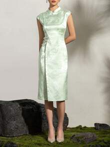 Women's Sophisticated Traditional Cheongsam With Elegant High Neck, Decorative Pearl Detail, Graceful Side Slit, And Flattering Form-Fitting Silhouette For Wedding Celebration, Gala Dinner, Formal Reception, Festival Gathering, And Evening Party - Green - View 7