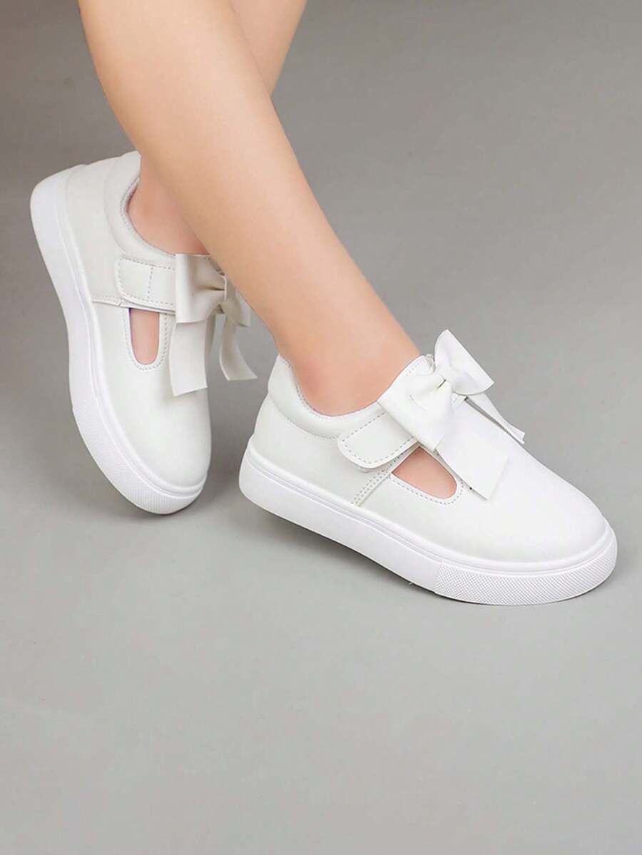 1 par de zapatos planos de princesa para niñas con diseño de lazo y cierre de gancho y bucle, suela blanda antideslizante, zapatos casuales para bebés, zapatillas de moda versátiles para niños, adecuados para primavera y otoño - Beis - Ver 1