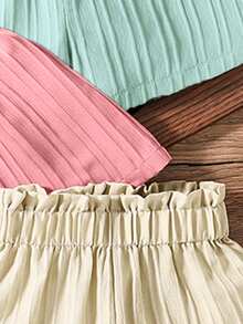 3pcs Young Girl Outdoor Summer Paperbag Elastic Waist Solid Color Shorts, Spring Casual Shorts , Comfortable Vacation Summer - Multicolor - View 3