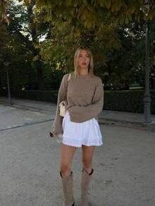 SEREN Nuevo suéter de cuello redondo de unicolor para mujer, de otoño e invierno, holgado y casual con hombros descubiertos, suéter de punto adecuado para uso diario - Camel - Ver 5