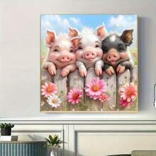 5D DIY Diamond Painting Kit With Special Shaped Crystals And Glitter, Featuring Cute Pig Pattern On Fenced Canvas Wall Decor, Great Holiday Gift, New Diamond Painting Set - Multicolor - View 3