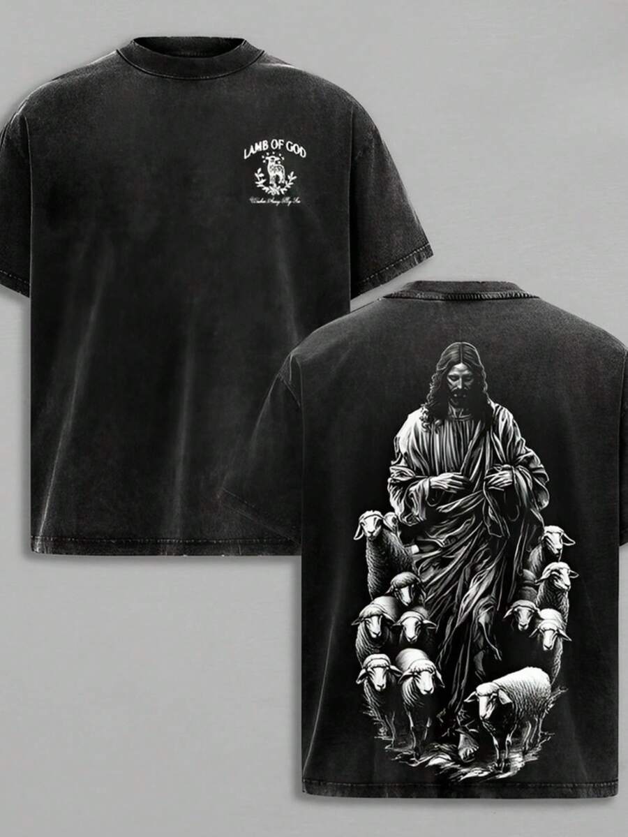 "Jesus With The Lamb" Lamb Of God T-Shirt Washed Good Shepherd Religious Art Bible Verse Faith Based Clothing Jesus And Sheep Church Outfit Gym Pump Cover, Gothic Religious Attire, Y2K Casual Style Top, Heavyweight Pure Cotton Men's T-Shirt. - 黑色 - 查看 1