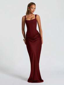 Elegant Sexy Spaghetti Strap Bodycon Party Dress, Ruched Decor Design, Fashionable Cocktail Formal Gown For Banquet, Ball, Cocktail Music Festival - Burgundy - View 1