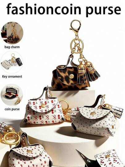三合一时尚零钱包兼挂饰钥匙扣，可爱樱桃豹纹钱包，可收纳钥匙、硬币、卡片 | 多功能钥匙装饰钱包，整理并装饰您的包包/钥匙，送给女孩的礼物