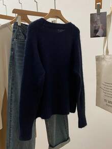Bow Knit Sweater, Women's Ribbed Crew Neck Slim Fit Pullover Sweater, Cute & Youthful, Suitable For Spring - Navy Blue - View 4