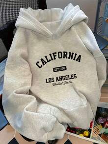[FNI Fusion]Plus Size Women Clothes | Retro California Los Angeles Letter Print Hoodies For Women, Oversized Casual Going Out Tops Women, Perfect For Vacation Outfits Women & Valentine's Day Date Looks, Cozy Fleece Lined Drop Shoulder Hoodie For Daily & Holiday WearWomen Long Sleeve Sweatshirts Plus Size Spring Break Summer Tops For Women Relaxed Daily Outfit. - 白花灰 - 查看 1