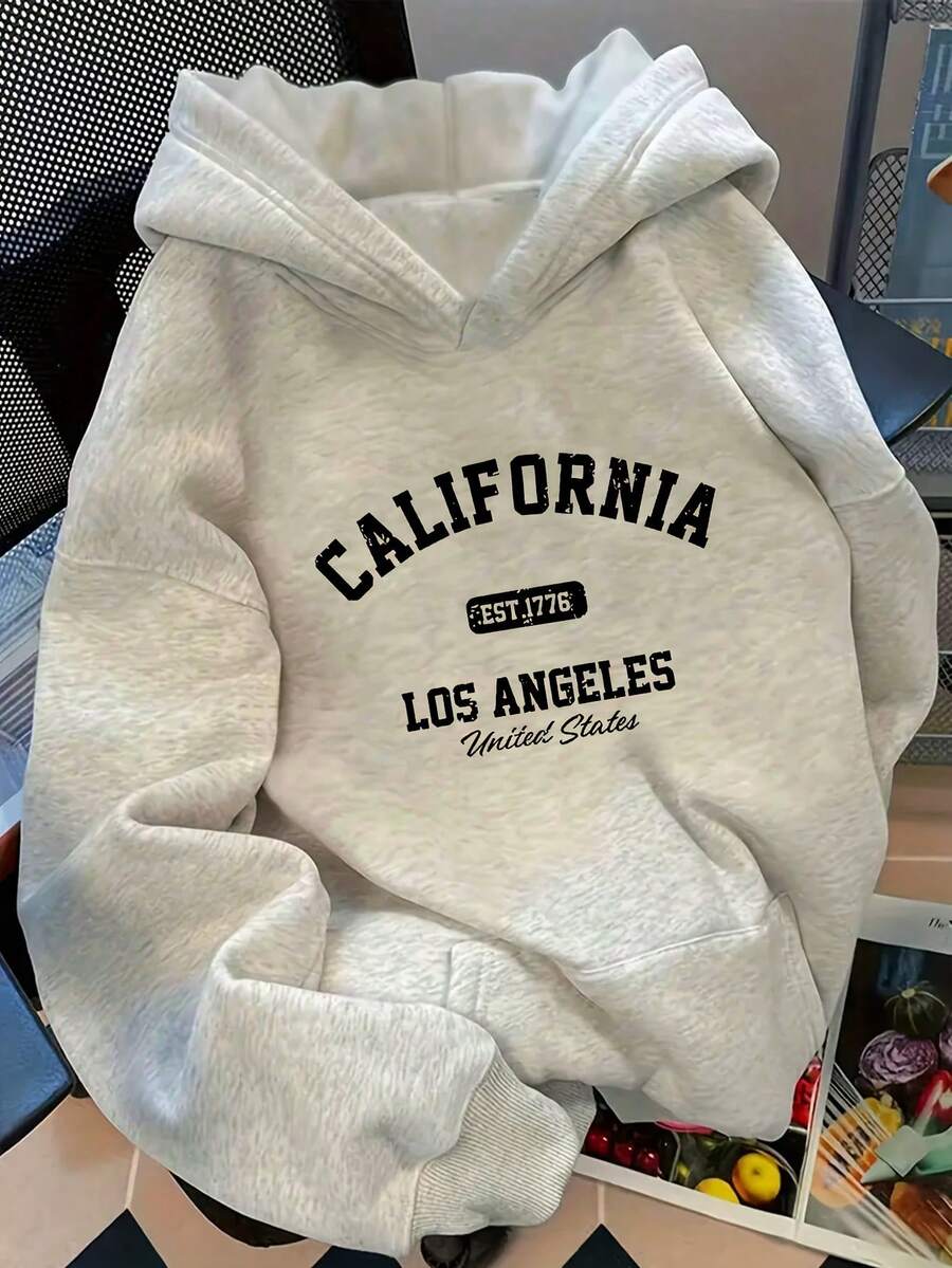 [FNI Fusion]Plus Size Women Clothes | Retro California Los Angeles Letter Print Hoodies For Women, Oversized Casual Going Out Tops Women, Perfect For Vacation Outfits Women & Valentine's Day Date Looks, Cozy Fleece Lined Drop Shoulder Hoodie For Daily & Holiday WearWomen Long Sleeve Sweatshirts Plus Size Spring Break Summer Tops For Women Relaxed Daily Outfit. - 白花灰 - 查看 1